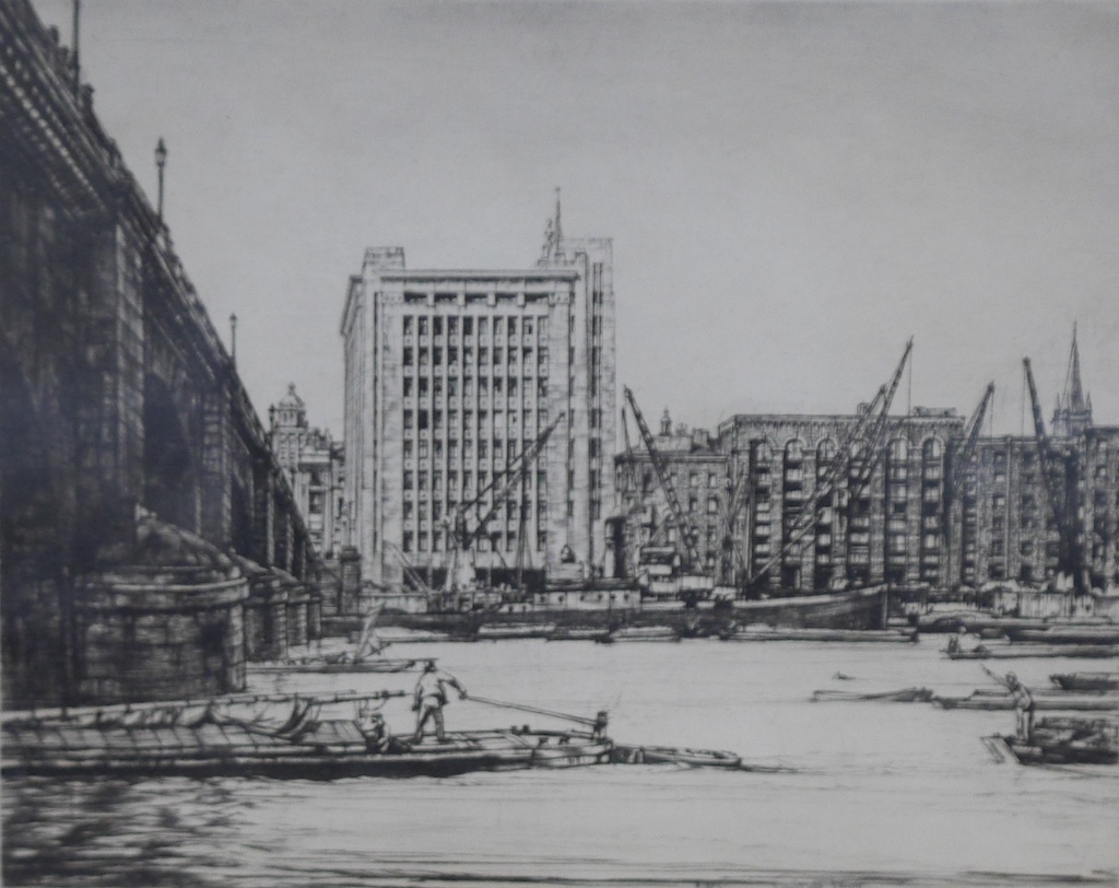 Sir Henry Rushbury RA, ROI (1889-1965), drypoint etching, London Bridge 1928, signed in pencil, Abbott & Holder inscribed label verso, 23 x 28cm. Condition - fair to good